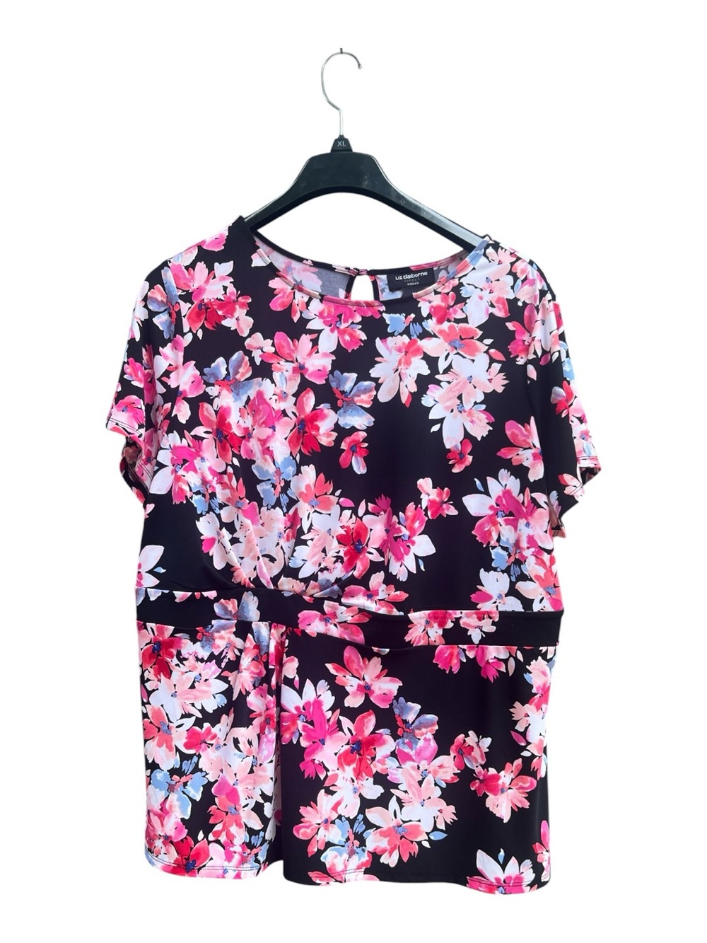 Liz Claiborne Black Short-Sleeve Floral Top Pink & White Blossoms Ruching